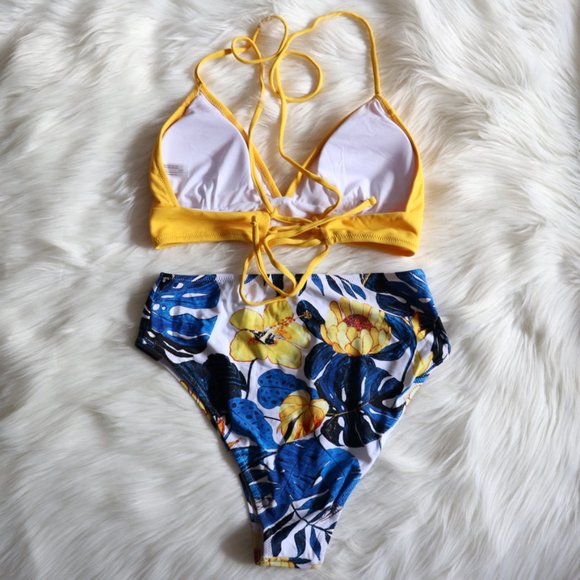 Yellow Blue Leaf High Waisted Bikini Set Sz M - Picture 5 of 7